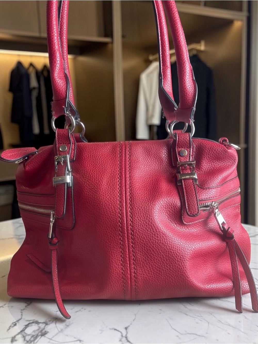 Charming Charlie Red Pebbled Leather Shoulder Bag Zip Silver Hardware Purse